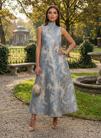 Jacquard Shift Dresses High Neck Evening Dresses for Women Formal Gowns with Pockets
