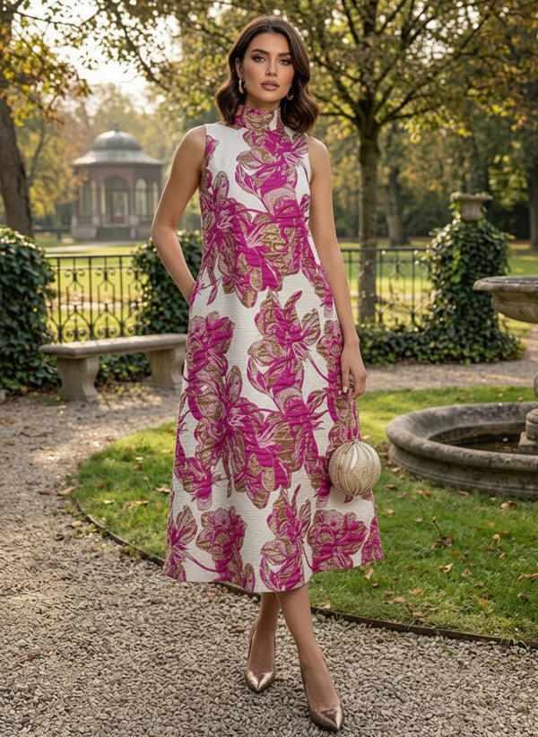 Shirees Fuchsia Jacquard Shift Dresses High Neck Evening Dresses for Women Formal Gowns with Pockets 2026