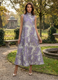 Jacquard Shift Dresses High Neck Evening Dresses for Women Formal Gowns with Pockets
