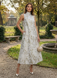 Jacquard Shift Dresses High Neck Evening Dresses for Women Formal Gowns with Pockets