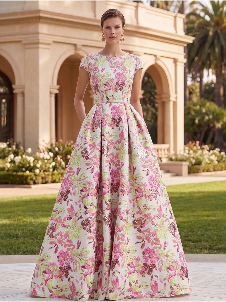 Jacquard A-Line/Princess Scoop Neck Floor-Length Evening Dresses for Women