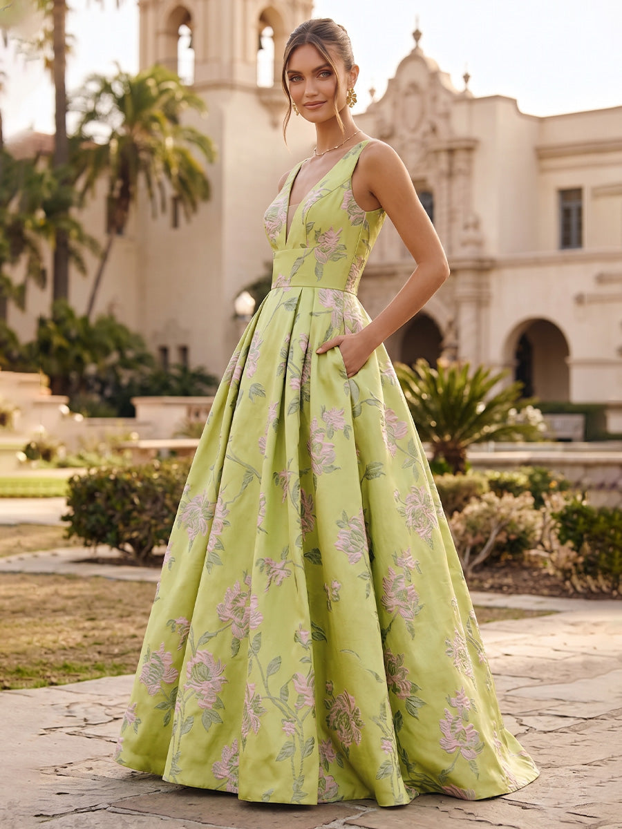 Jacquard A-Line/Princess V-Neck Floor-Length Evening Dresses with Pockets