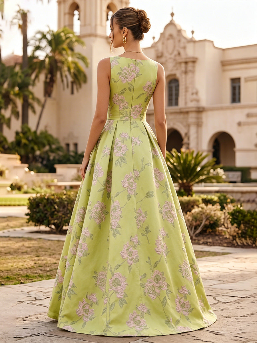 Jacquard A-Line/Princess V-Neck Floor-Length Evening Dresses with Pockets