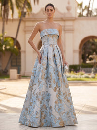 Jacquard A-Line/Princess Strapless Floor-Length Evening Dresses with Pockets