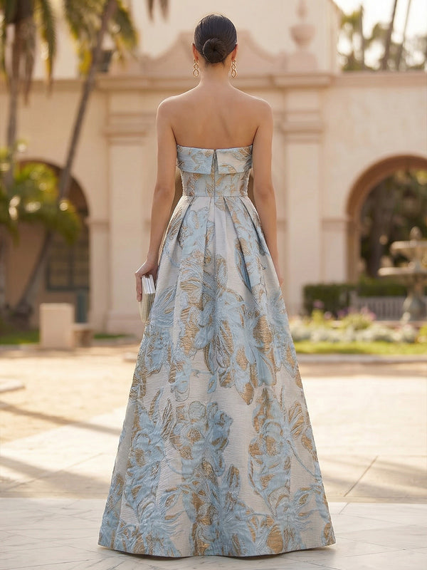 Jacquard A-Line/Princess Strapless Floor-Length Evening Dresses with Pockets