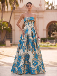 Jacquard A-Line/Princess Strapless Floor-Length Evening Dresses with Pockets
