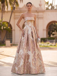 Jacquard A-Line/Princess Strapless Floor-Length Evening Dresses with Pockets