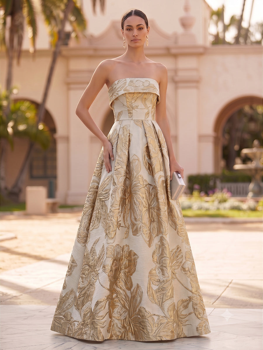 Jacquard A-Line/Princess Strapless Floor-Length Evening Dresses with Pockets