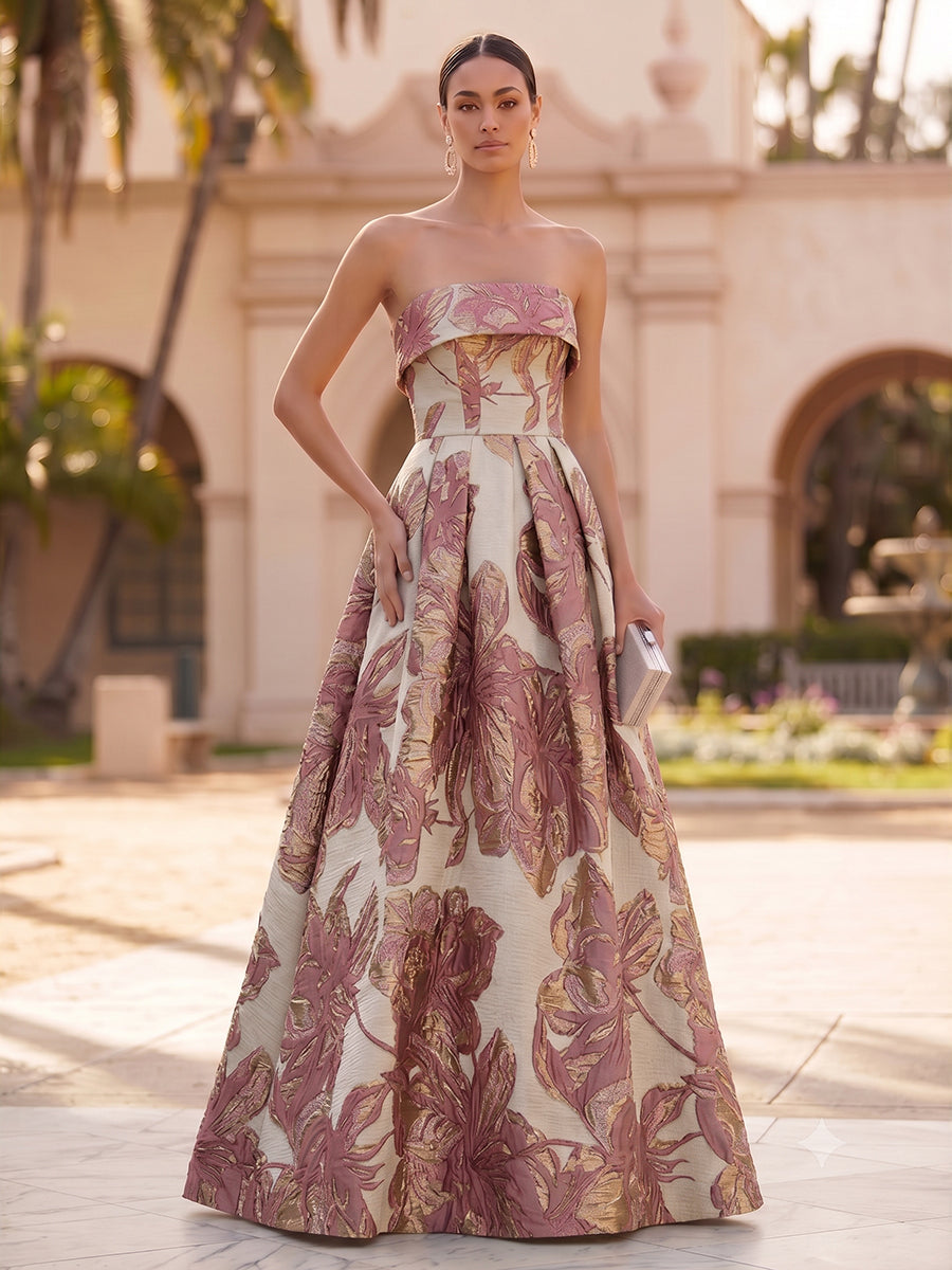 Jacquard A-Line/Princess Strapless Floor-Length Evening Dresses with Pockets