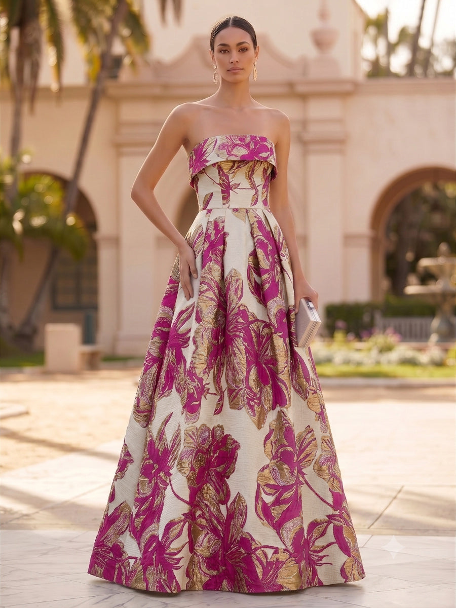 Jacquard A-Line/Princess Strapless Floor-Length Evening Dresses with Pockets