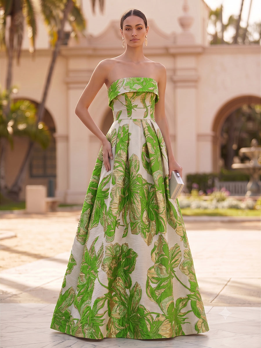 Jacquard A-Line/Princess Strapless Floor-Length Evening Dresses with Pockets