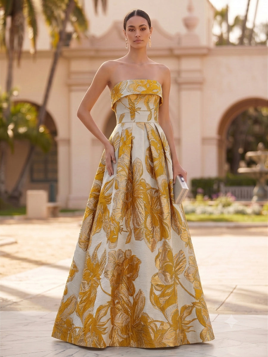 Jacquard A-Line/Princess Strapless Floor-Length Evening Dresses with Pockets