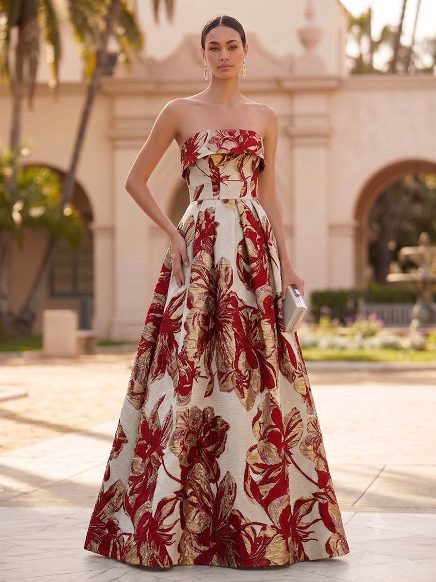 Jacquard A-Line/Princess Strapless Floor-Length Evening Dresses with Pockets