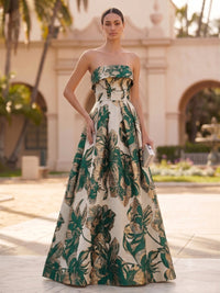 Jacquard A-Line/Princess Strapless Floor-Length Evening Dresses with Pockets