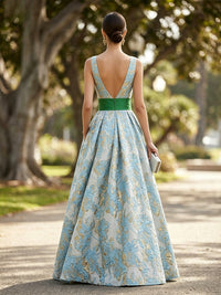 Jacquard A-Line/Princess V-Neck Floor-Length Evening Dresses with Pockets