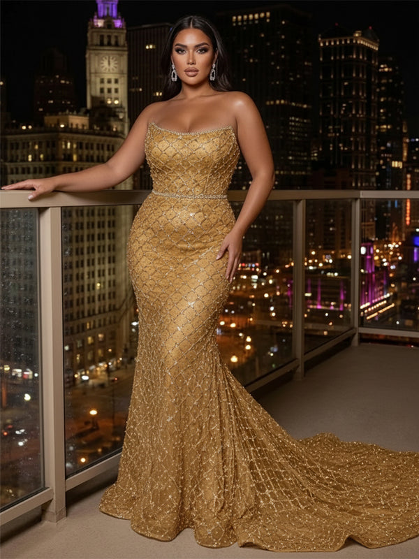 Tulle Mermaid/Trumpet Strapless Floor-Length Evening Dresses with Sweep Train