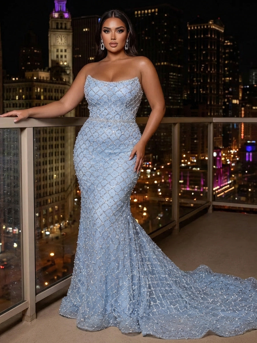 Tulle Mermaid/Trumpet Strapless Floor-Length Evening Dresses with Sweep Train