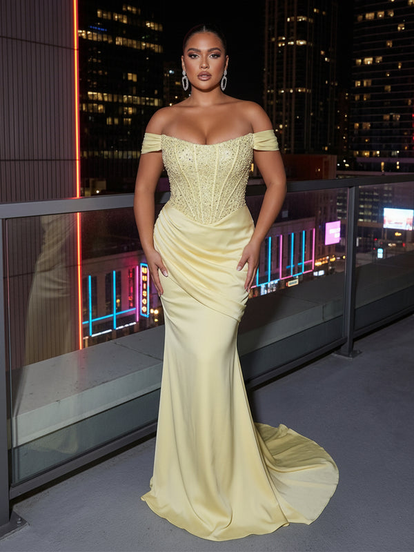 Satin Mermaid/Trumpet Off Shoulder Floor-Length Evening Dresses with Sweep Train