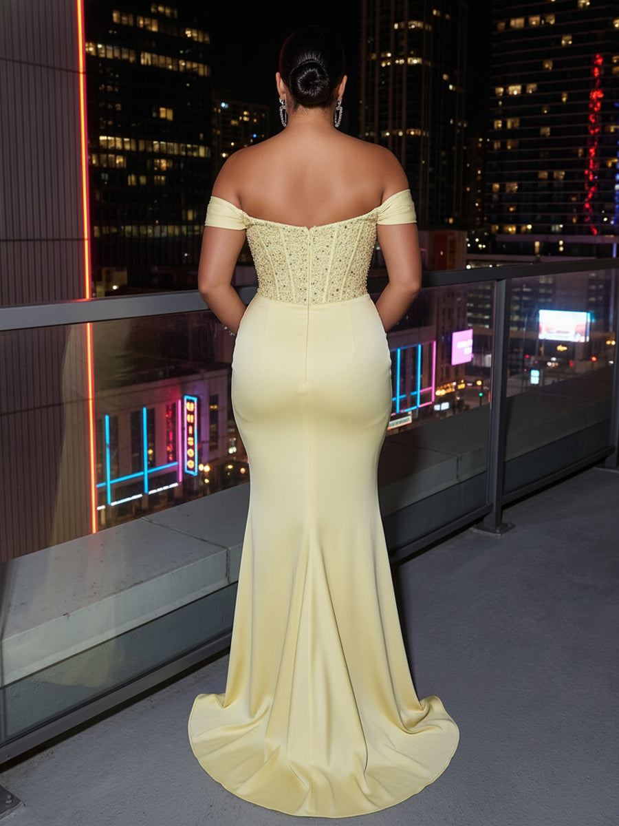 Satin Mermaid/Trumpet Off Shoulder Floor-Length Evening Dresses with Sweep Train