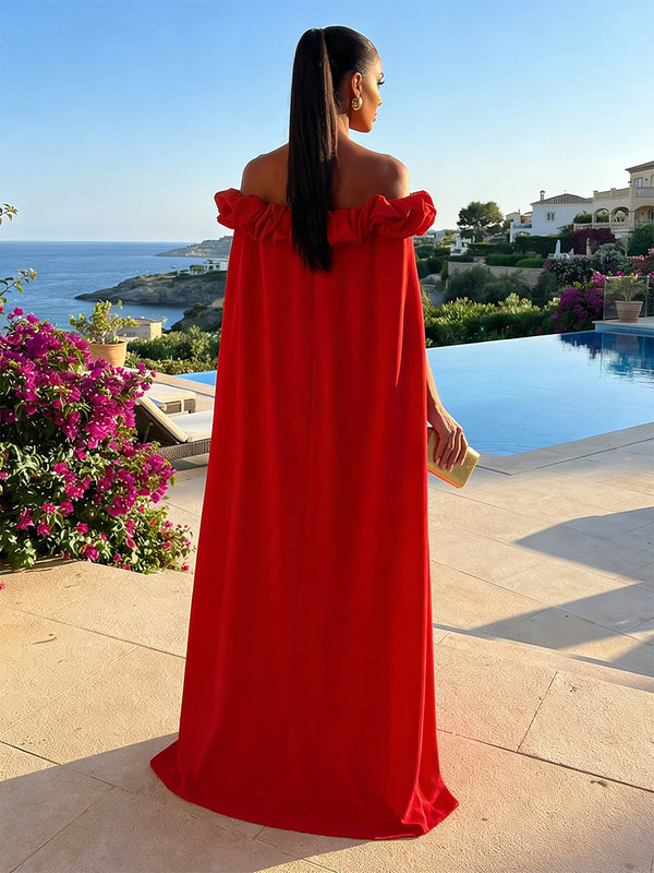 Chiffon Shift Dresses Off Shoulder Floor-Length Evening Dresses with Cape
