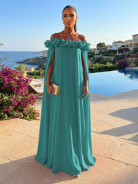 Chiffon Shift Dresses Off Shoulder Floor-Length Evening Dresses with Cape