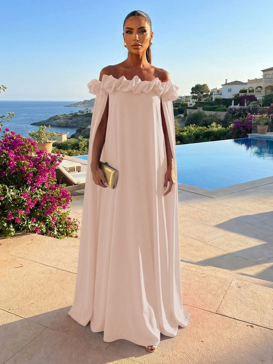 Chiffon Shift Dresses Off Shoulder Floor-Length Evening Dresses with Cape