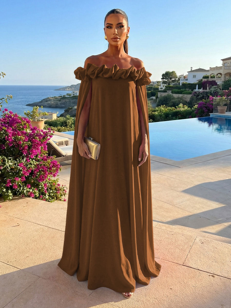 Chiffon Shift Dresses Off Shoulder Floor-Length Evening Dresses with Cape