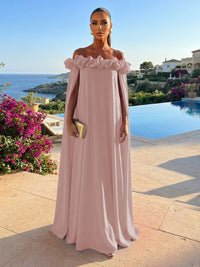 Chiffon Shift Dresses Off Shoulder Floor-Length Evening Dresses with Cape