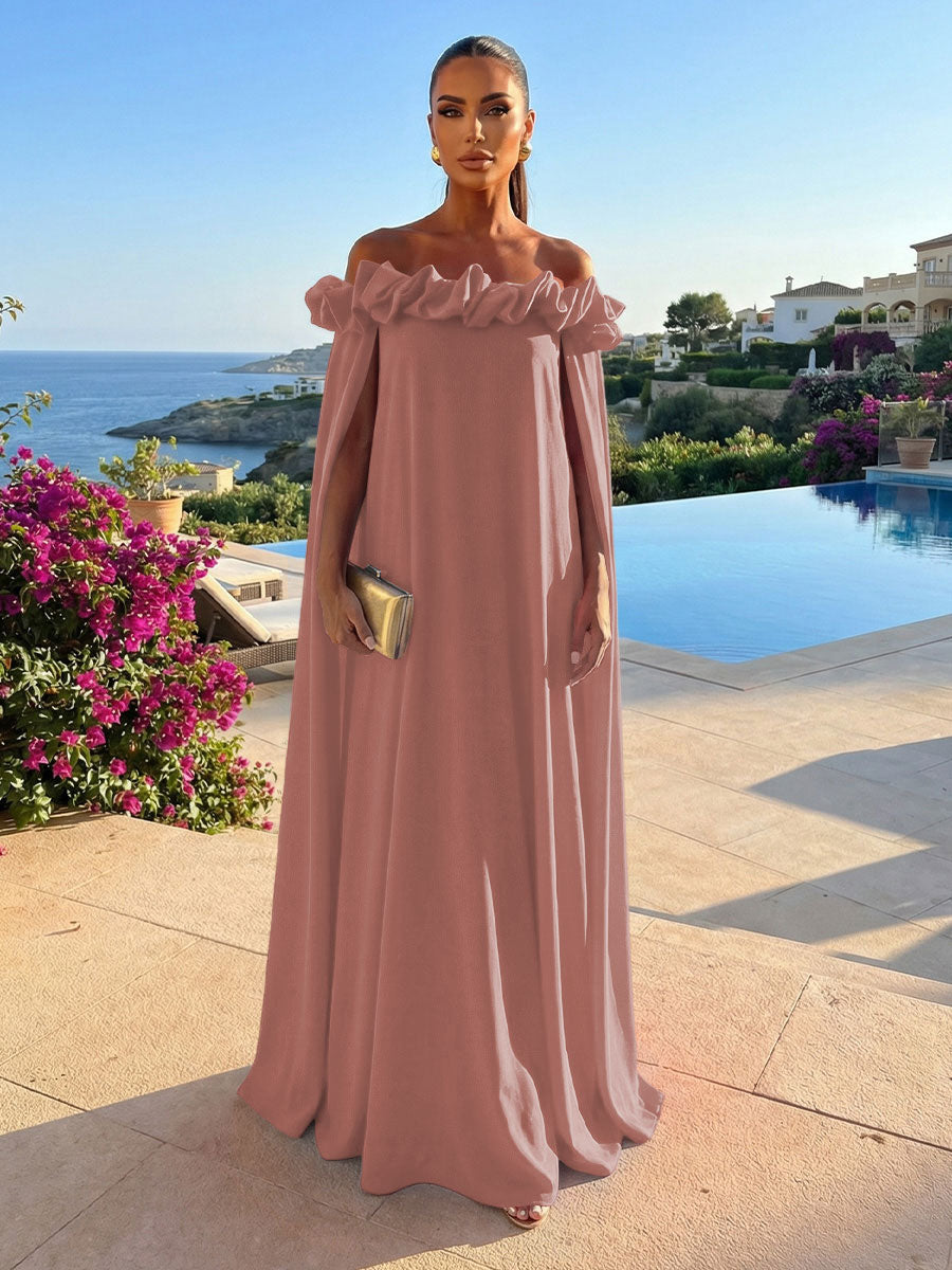 Chiffon Shift Dresses Off Shoulder Floor-Length Evening Dresses with Cape