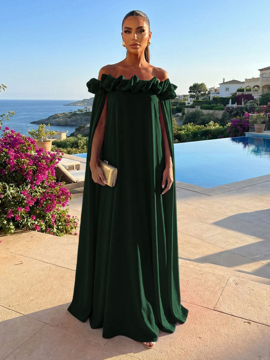 Chiffon Shift Dresses Off Shoulder Floor-Length Evening Dresses with Cape
