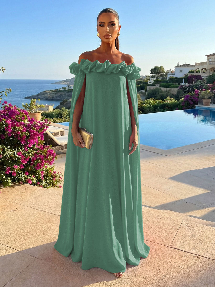 Chiffon Shift Dresses Off Shoulder Floor-Length Evening Dresses with Cape