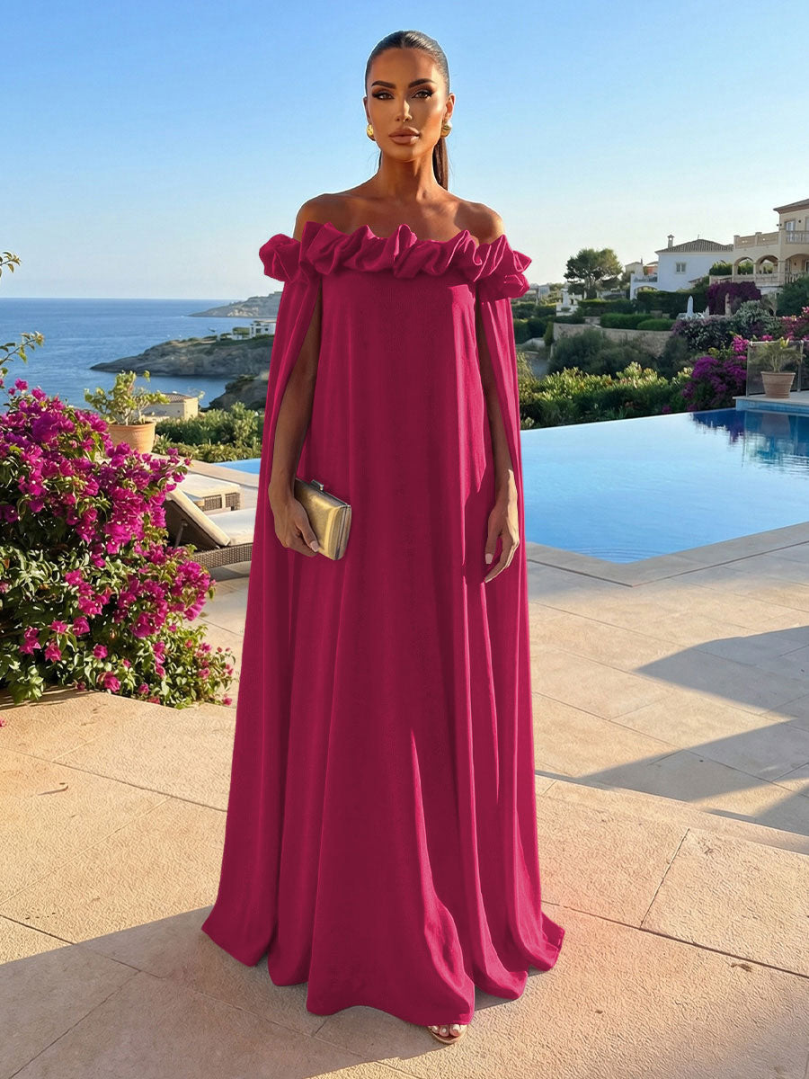 Chiffon Shift Dresses Off Shoulder Floor-Length Evening Dresses with Cape
