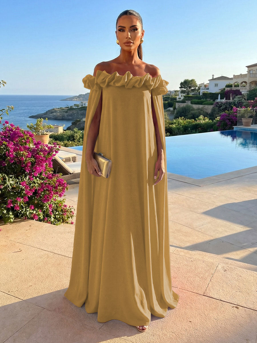 Chiffon Shift Dresses Off Shoulder Floor-Length Evening Dresses with Cape