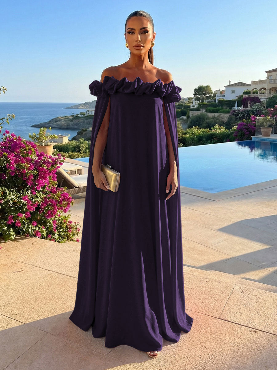 Chiffon Shift Dresses Off Shoulder Floor-Length Evening Dresses with Cape