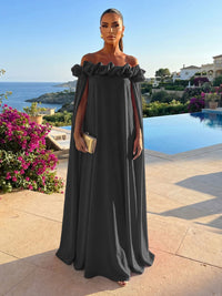 Chiffon Shift Dresses Off Shoulder Floor-Length Evening Dresses with Cape