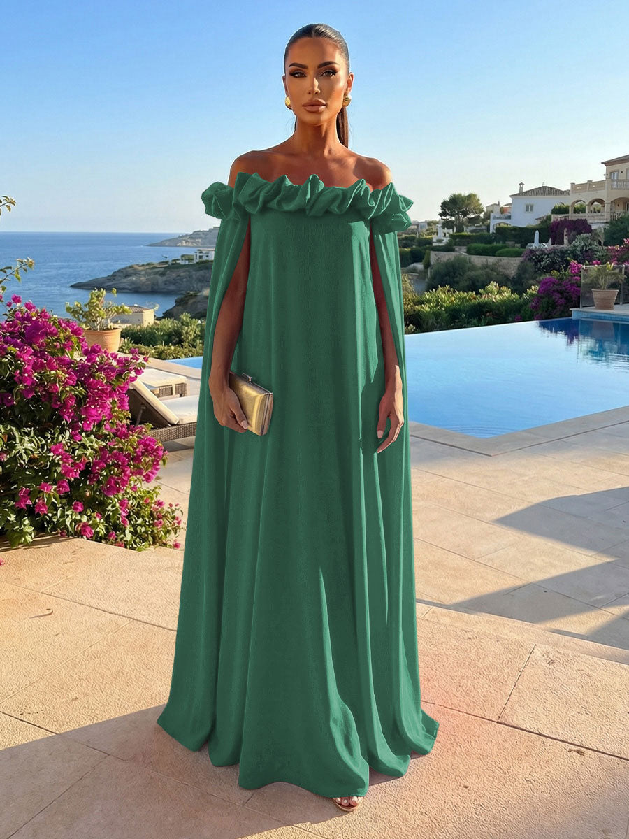 Chiffon Shift Dresses Off Shoulder Floor-Length Evening Dresses with Cape