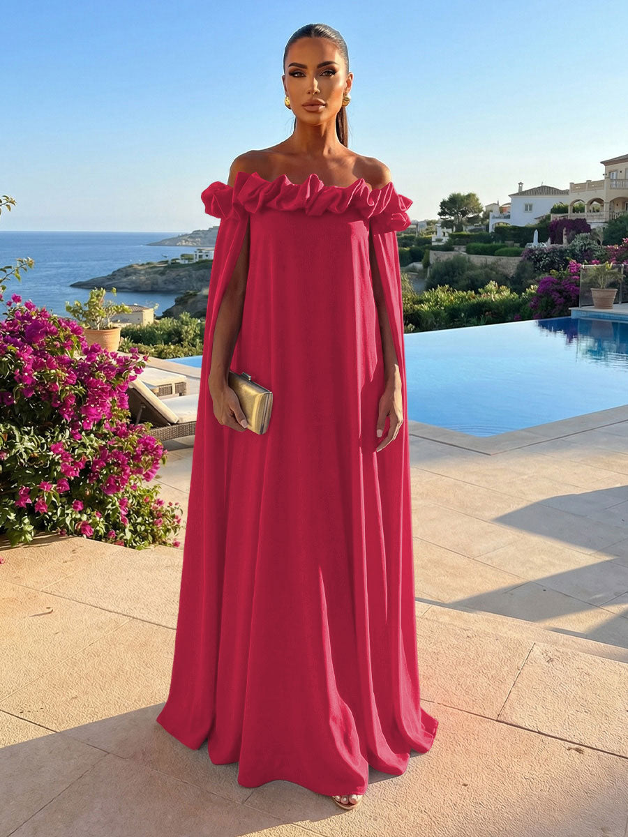 Chiffon Shift Dresses Off Shoulder Floor-Length Evening Dresses with Cape
