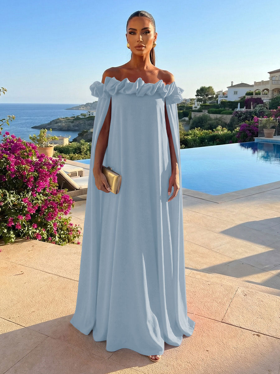 Chiffon Shift Dresses Off Shoulder Floor-Length Evening Dresses with Cape