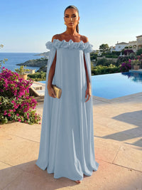 Chiffon Shift Dresses Off Shoulder Floor-Length Evening Dresses with Cape