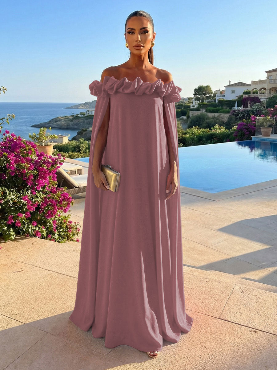 Chiffon Shift Dresses Off Shoulder Floor-Length Evening Dresses with Cape