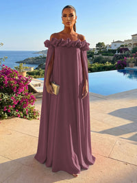 Chiffon Shift Dresses Off Shoulder Floor-Length Evening Dresses with Cape