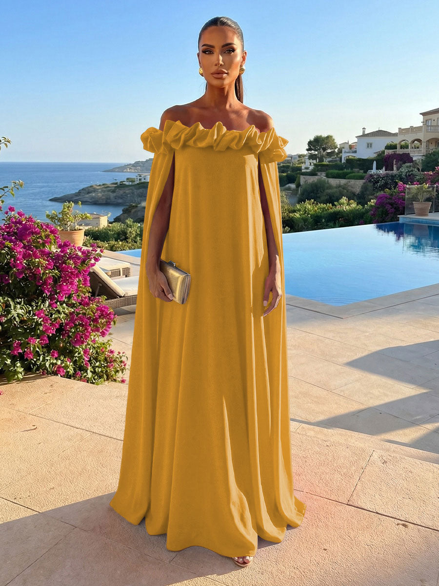 Chiffon Shift Dresses Off Shoulder Floor-Length Evening Dresses with Cape