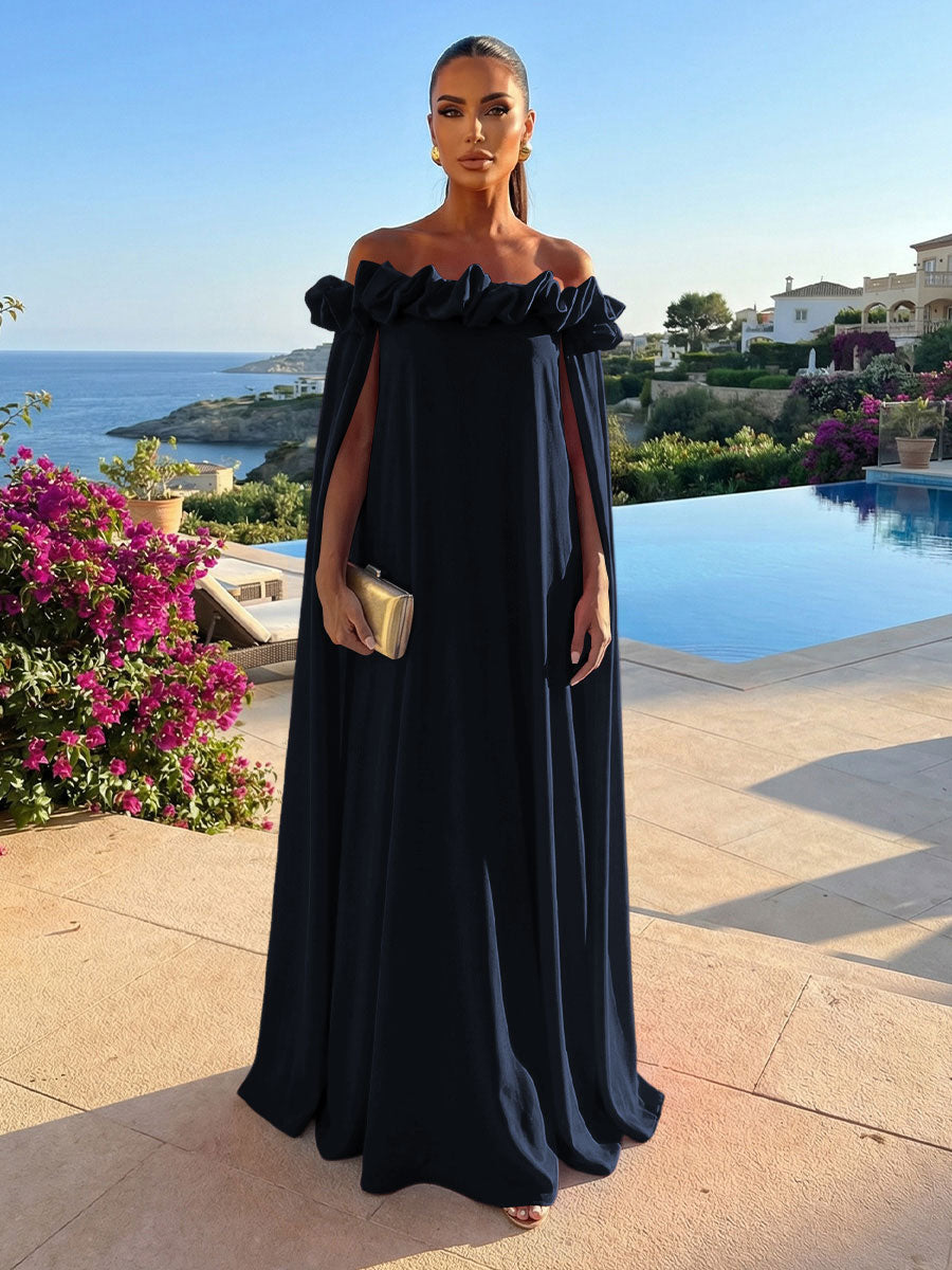 Chiffon Shift Dresses Off Shoulder Floor-Length Evening Dresses with Cape