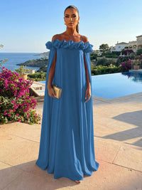 Chiffon Shift Dresses Off Shoulder Floor-Length Evening Dresses with Cape