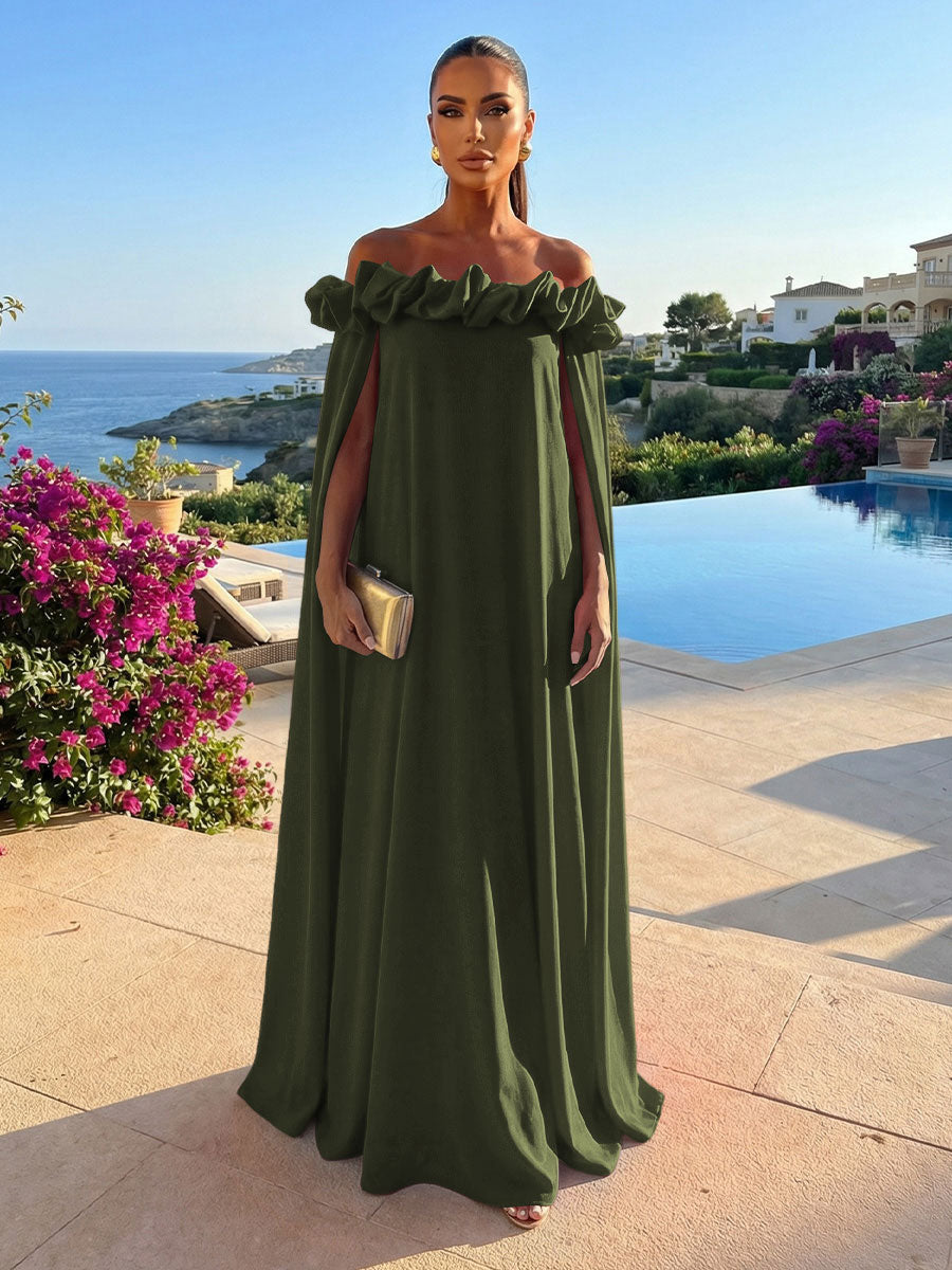 Chiffon Shift Dresses Off Shoulder Floor-Length Evening Dresses with Cape
