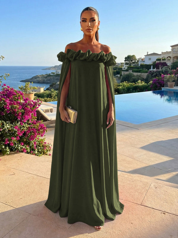 Chiffon Shift Dresses Off Shoulder Floor-Length Evening Dresses with Cape