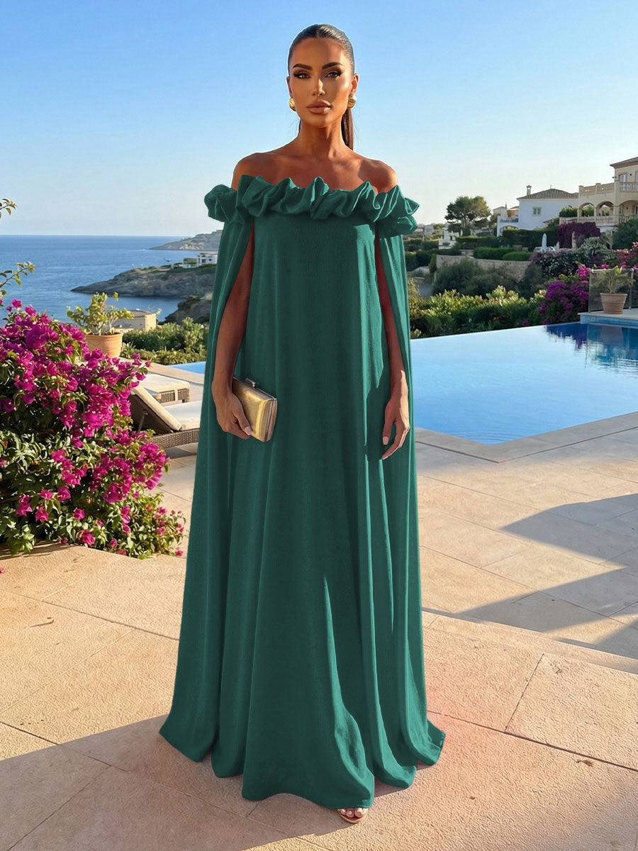 Chiffon Shift Dresses Off Shoulder Floor-Length Evening Dresses with Cape