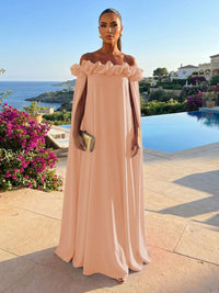 Chiffon Shift Dresses Off Shoulder Floor-Length Evening Dresses with Cape