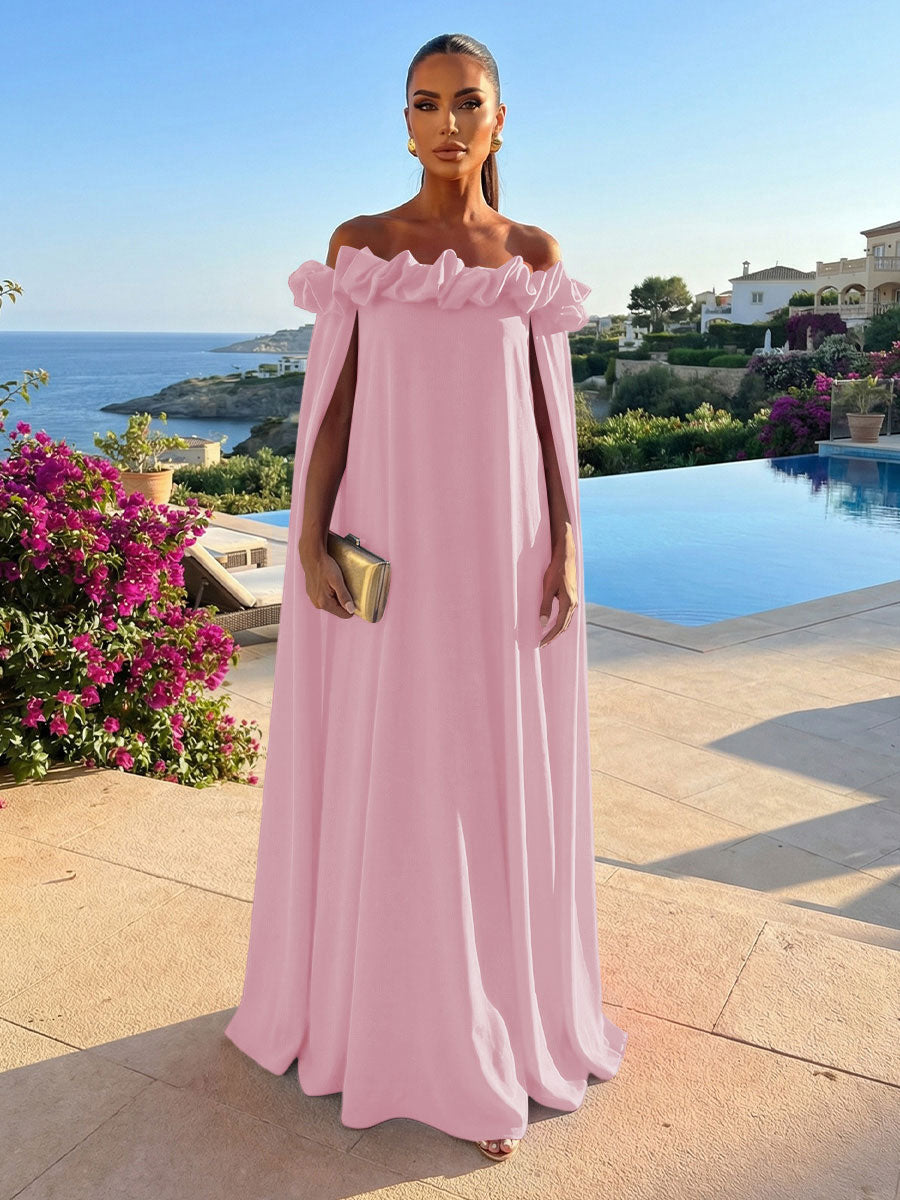 Chiffon Shift Dresses Off Shoulder Floor-Length Evening Dresses with Cape
