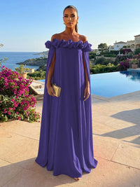 Chiffon Shift Dresses Off Shoulder Floor-Length Evening Dresses with Cape